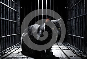 Cat in a dark prison cell. AI created. photo