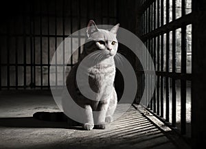 Cat in a dark prison cell. AI created. photo