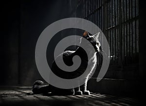 Cat in a dark prison cell. AI created. photo