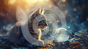 A cat with delicate angel wings gazing at a magical orb in a mystical twilight landscape photo