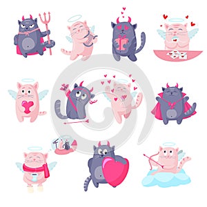 Cat devil cupid angel cartoon characters Valentine Day vector illustration. Funny cat angels and demons cupids photo