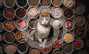 cat with different cat food ingredients