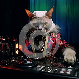 Cat DJ Spinning at Club by Erik Madigan Heck, Generative Ai