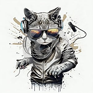 Cat DJ in Sunglasses Isolated on White Background. Generative ai