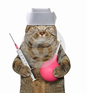 Cat doctor with syringe and clyster