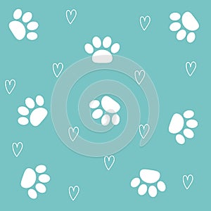Cat dog animal paw foot print seamless pattern. Footpath footprint trail silhouette. White footprint heart set. Cute kawaii sign