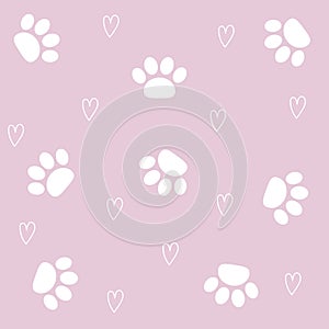 Cat dog animal paw foot print seamless pattern. Footpath footprint trail silhouette. White footprint heart set. Cute kawaii sign