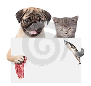 Cat and dog in birthday hats holding fish and meat peeking from behind empty board. isolated on white background