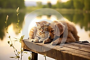 Cat and Dog Blissfully Slumbering Together, Radiating Harmony and Friendship