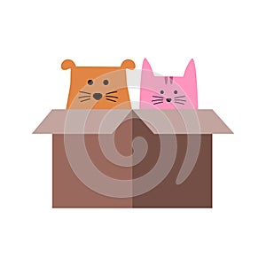 Cat and Dog in cardbox. cute animal character