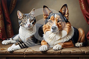 A cat and a dog come to life in a stunning oil painting that captures their essence and charm in vivid detail