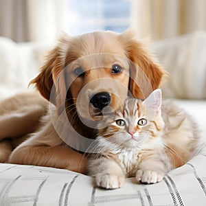 a cat and a dog are cuddling on a bed