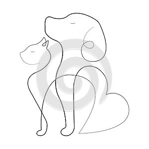 The cat and the dog are drawn with a continuous line. Concept for logo, badge, label, keychain, print on a t-shirt, web design