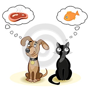 Cat and dog dreaming about food