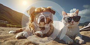 A cat and dog duo don fashion-forward sunglasses, lounging on a sun-kissed beach