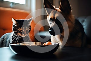 Cat and dog eating together from bowl of food in room