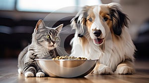 Cat, dog enjoy meal, bonded companionship