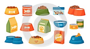 Cat and dog food. Cartoon pet feed containers or packs. Home animals wet and dry meal. Round feeders. Canine or feline