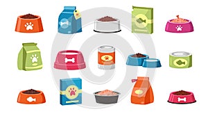 Cat and dog food. Home domestic animals feed containers packs, cartoon bowl with wet and dry meal, pet nutrition concept