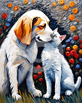 cat and dog friends kissing illustration, digital painting, deep brush strokes