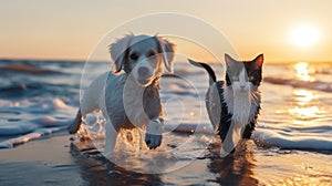 cat and dog friendship , puppy sit play on sunset in sea water on beach wild field