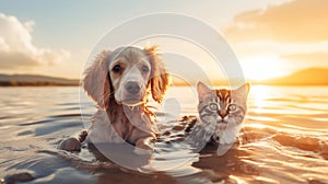 cat and dog friendship , puppy sit play on sunset in sea water on beach wild field