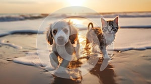 cat and dog friendship , puppy sit play on sunset in sea water on beach wild field