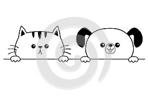 Cat dog happy face head icon. Hands paw holding table line. Contour silhouette. Cute cartoon pooch kitten character. Kawaii animal