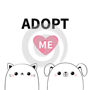 Cat dog head face icon set. Adopt me. Cute cartoon kawaii funny character. Line contour silhouette. Pet adoption. Pink heart.