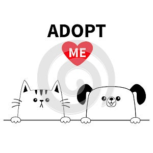 Cat dog head face set. Hands paw holding line. Adopt me. Help homeless animal Pet adoption. Red heart. Cute cartoon kitty puppy ch