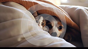 Cat and dog hiding together under a blanket