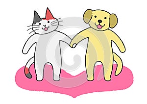 Cat and dog holding hands