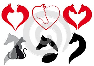 Cat, dog, horse heart, vector set