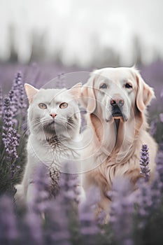 Cat and dog in lavender field. Golden Retriever and white Scottish Straight.