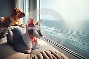 A cat and dog are laying on couch by a window overlooking the ocean