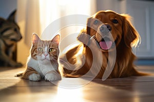 Cat and dog laying on the floor next to each other. Generative AI