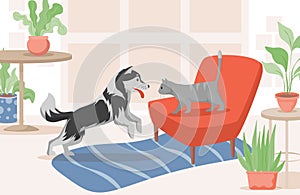 Cat and dog in living room vector flat illustration. Domestic pets spending time together indoor in pet owner house.