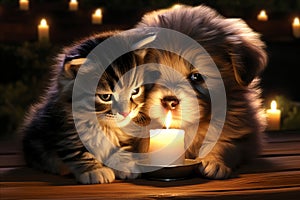 Cat and Dog Looking at the Candle, Radiating Companionship and Tranquility