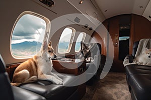 cat and dog lounging in cabin of private jet, with view of the clouds