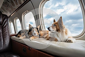 cat and dog lounging in cabin of private jet, with view of the clouds