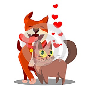 Cat With Dog In Love With Flying Hearts Vector. Illustration