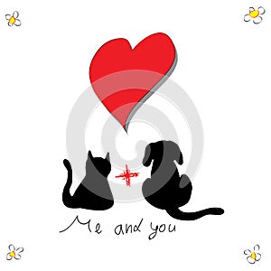 Cat with dog for love greeting card