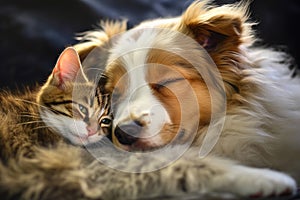 Cat and Dog Lying and Sleeping Together. Friendship of Pets