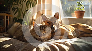 Cat and dog lying together in a cozy sunlit room, depicting friendship
