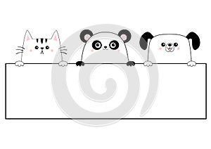 Cat dog panda bear happy face head icon. Contour silhouette. Hanging on paper board. Cute cartoon pooch kitten character. Kawaii a