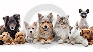 Cat, Dog, parrot, rabbit, and hamster, group of pet isolated white background. Generative AI
