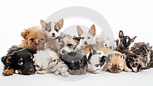 Cat, Dog, parrot, rabbit, and hamster, group of pet isolated white background. Generative AI