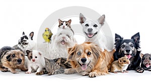 Cat, Dog, parrot, rabbit, and hamster, group of pet isolated white background. Generative AI