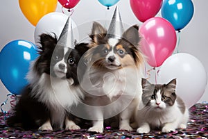 Cat and dog with party hats and balloons celebrate life on white background. Generative AI