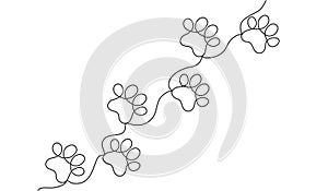 Cat or dog paw print design, continuous line pattern . Diagonal paw prints. Animal footprints drawing with one line